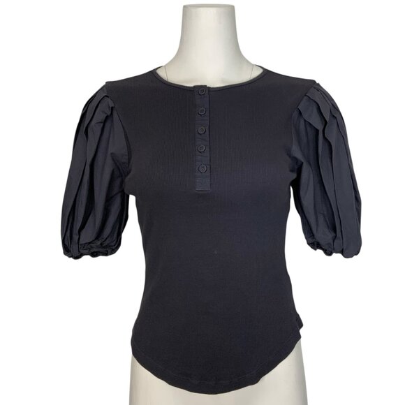 Ulla Johnson Kara Puff Sleeve Ribbed Top Blouse S Periscope Henley Quiet Luxury - Picture 1 of 14